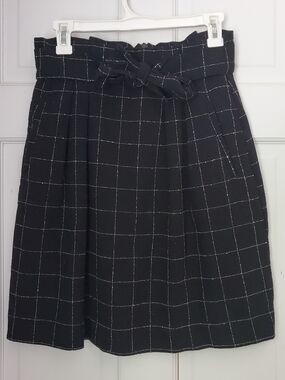 Black Windowpane Paperbag Waist Skirt